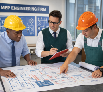 MEP engineering firm engineers working on mechanical electrical plumbing design plans